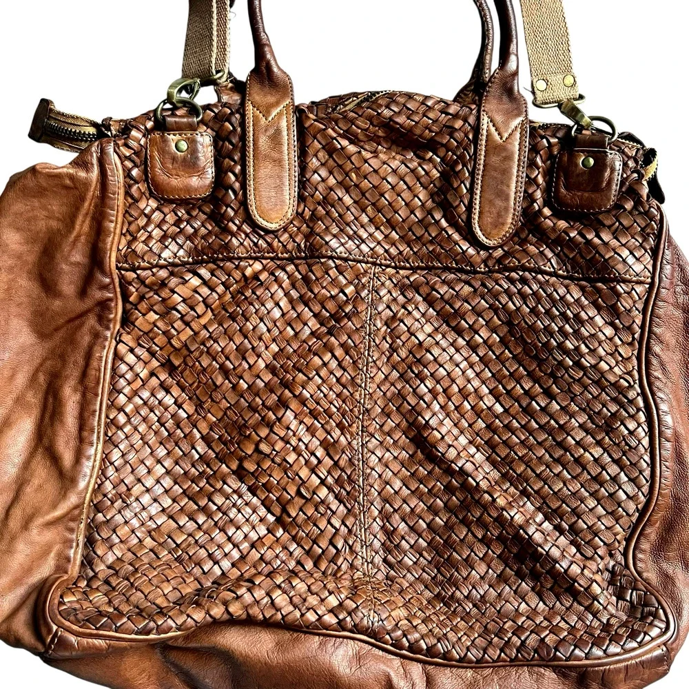 Bruno Magli Brown Woven Leather Duffle Satchel Travel Bag Made Italy Y2K